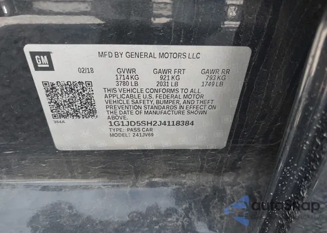 2018 Chevrolet Sonic Lt Auto z USA, uszkodzony, nr VIN 1G1JD5SH2J4118384